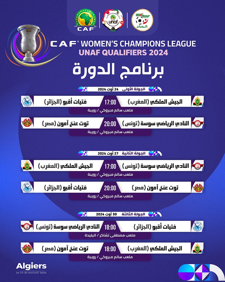 Peut être une image de ‎texte qui dit ’‎unaf CAF المزائ LEAGUE CHAMPIONS WOMEN'S CAF 2024 QUALIFIERS UNAF برنامج الدورة الجولة الأولى 2024gi24 2024 فتيات أقبو (الجزائر) 17:00 رويية الجيش الملكي (المغرب) ملعب سالم مبروكي توت عنخُ آمون (مصر) رويبة النادي الرياضي سوسة (تونس) 20:00 ملعب سالم مبروكی 2024 27 النانية 17:00 النادي الرياضي سوسة (تونس) الجيش الملكي (المغرب) ملعب سالم مبروحي رويبة فتيات أقبو (الجزائر) سالم مبروضي رويبة 20:00 توت عنك آمون (مصر) G 2024 30 الجولة الثالثة فتيات أقبو (الجزائر) 18:00 النادي الرياضي سوسة (تونس) ملعب مصطفى تشاكر البليدة 18:00 الجيش الملكي (المغرب) توت عنجٍ آمون (مصر) ملعب سالم مبروعي روبة Algiers 2024 24-27-30 24-27-30AUGUST2024‎’‎