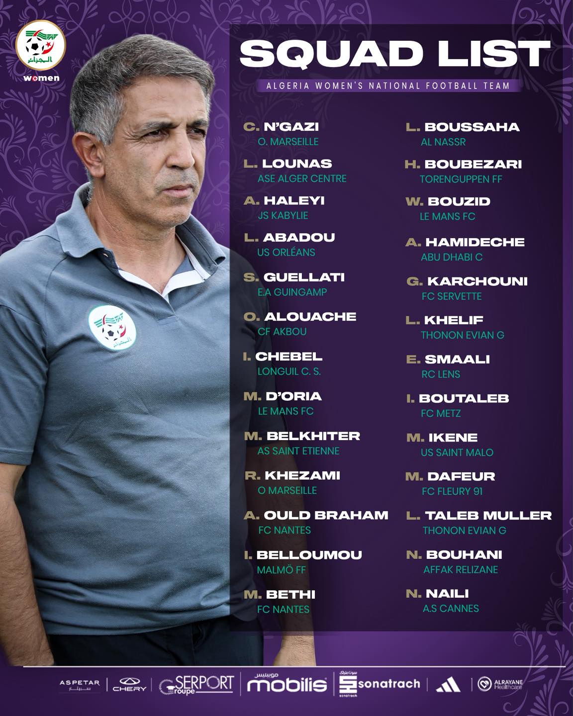 Peut être une image de ‎1 personne et ‎texte qui dit ’‎البحزائم w women SQUAD LIST ALGERIA WOMEN NATIONAL FOOTBALL TEAM N'GAZI O.MARSEILLE .٦ BOUSSAHA LOUNAS H. BOUBEZARI A. HALEYI KABYLIE w. BOUZID LEMANSFC ABADOU ORLEANS A. HAMIDECHE ABU HABI S. GUELLATI AGUING AQUINGAMP 三、菜 ALOUACHE AKBOL KARCHOUNI CSERVETTE ٦ KHELIF THONONEVIANG CHEBEL E SMAALI M. D'ORIA LEMANSFC M. BELKHITER BOUTALEB M. IKENE SSAINT MALO R. KHEZAMI OMARSEILLE M. DAFEUR FCFLEURY91 A. OULD BRAHAM TALEB MULLER THONONEVIANG BELLOUMOU N. BOUHANI AKRELIZANE M. BE NAN N. NAILI A.SCANNES ASPETAR ۲ CHEAY SERPO SERPORT roupe mobilis موبنيسر sonatrach ALRAYANE‎’‎‎