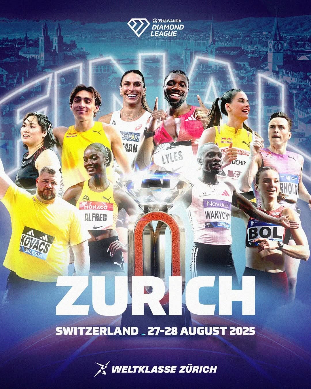 Peut être une image de 7 personnes et texte qui dit ’@万达WANDA DIAMOND LEAGUE 떡음크만 ๔๐๖ AN LYLES มร UCHIK As MomACO ALFRED W ا5 RHOLY Novuna WANYONY LONE BOL l KOVACS SILE SILESIA - ZURICH SWITZERLAND. _27-28 AUGUST 2025 WELTKLASSE ZÜRICH’