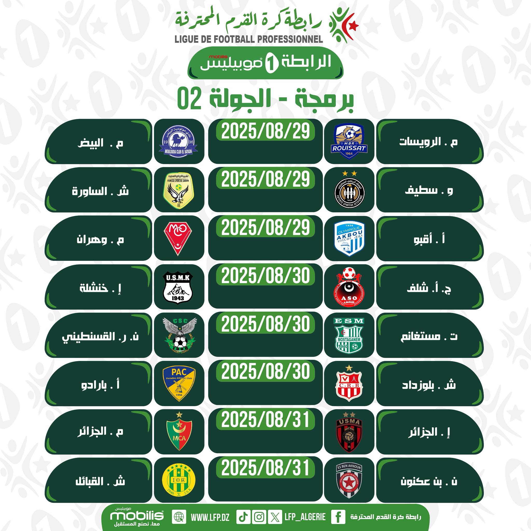 Peut être une image de ‎texte qui dit ’‎رابطة_گرة ô القرم المحترفة PROFESSIONNEL FOOTBALL DE LIGUE الر ابطة 1 موبيليس برمجة الجولة 02 2025/08/29 البظ おの ش الساورة ROUISSAT رويسات A 2025/08/29 ሶ .وهران ทอ سطية و 2025/08/29 خنشلة أقبو 19:43 2025/08/30 ن القسطيني شلف 2 2025/08/30 PAC i بارادو. مستغانم 2025/08/30 م الجزائر ش بلوزداد 2025/08/31 القبائل ش إ.الجزائر 2025/08/31 mobilis ملوالممتقيل WWW.LFP.DZ น بنا عكنون P_ALGERIE رابطة طرة القدم المحترة‎’‎