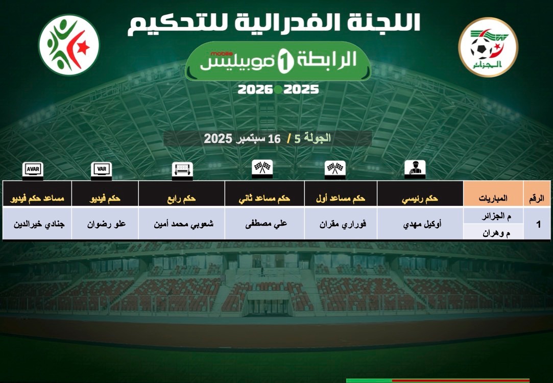 Peut être une image de ‎texte qui dit ’‎% اللجنة الفدرالية للتحكيم الر الرابطة 1 موبيليت 2025 2026 الجزائ AVAR AAH VAR 16 سبتمبر 2025 الجولة 5 مساعد حكم فیدیو حكم فيدیو جنادي خيرالدين حکمرابع ثانی علو رضوان حكم مسا مساء عد اول شعوبي محمد أمين علي مصطفی حكمرئيسي فوراري مقران المباريات الرقم أوكيل أوكيلمهدي مهدي م م الجزائر موهران 1‎’‎