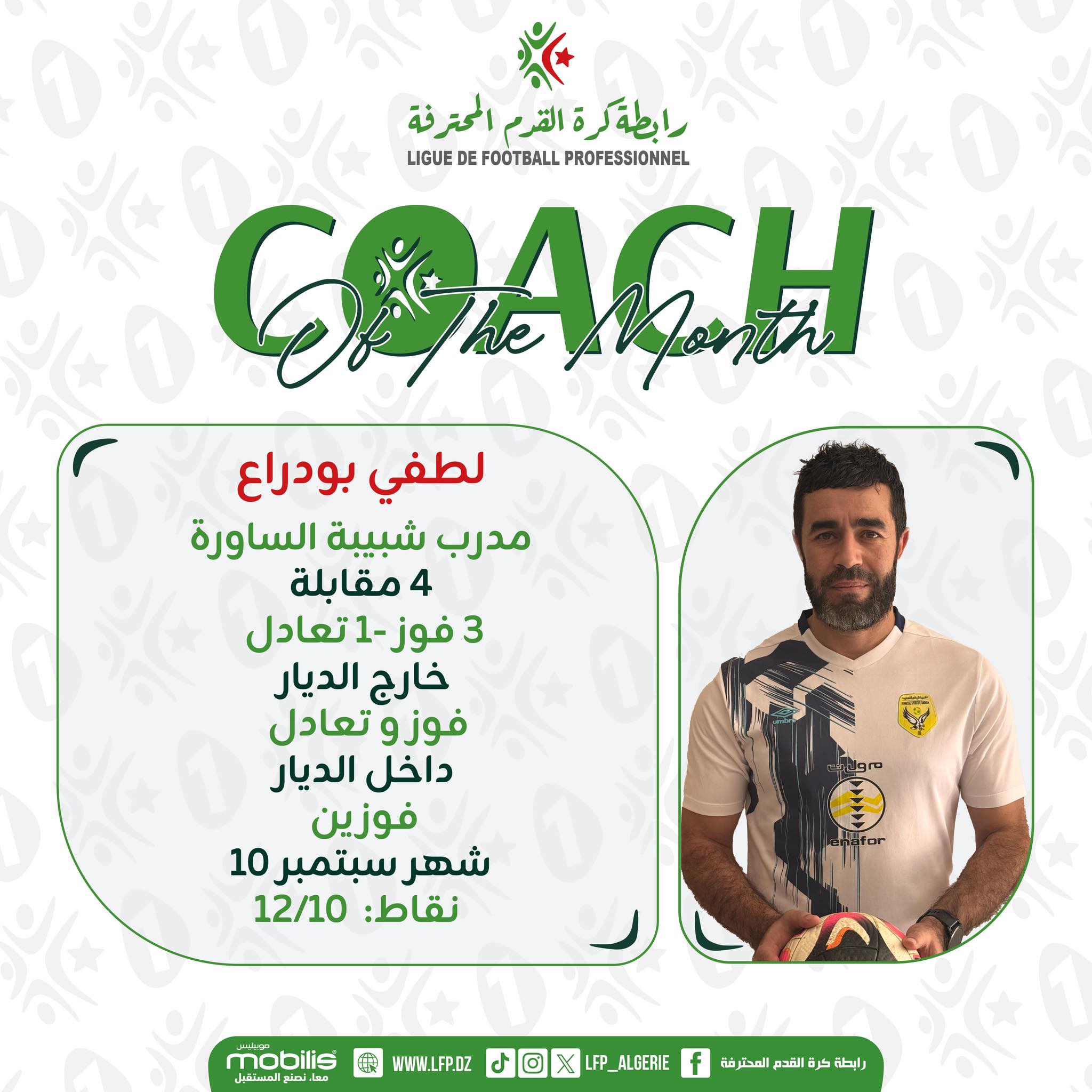 Peut être une image de ‎1 personne et ‎texte qui dit ’‎الحتر القرم رابطةكرة رابطلة_كرة_القرم_المترفة المحترفة PROFESSIONNEL FOOTBALL DE LIGUE th Month OTKamAoTR CΧa The M EAAAΗ لطفي بودراع مدرب شبيبة الساورة 4 4مقابلة 3 فوز-م وز-اتعادل تعادل خارج الديار فوزو تعادل داخل الديار فوزين شهر سبتمبر 10 نقاط 12/10 mobilis علمالممتعيل JOX WWWW.LFP.DZ _ALGERIE رابطة كرة القدم المحترق‎’‎‎